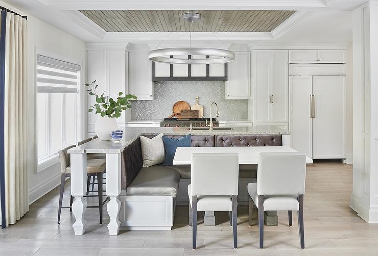 Transitional L Shaped Dining Banquette with Kitchen Island
