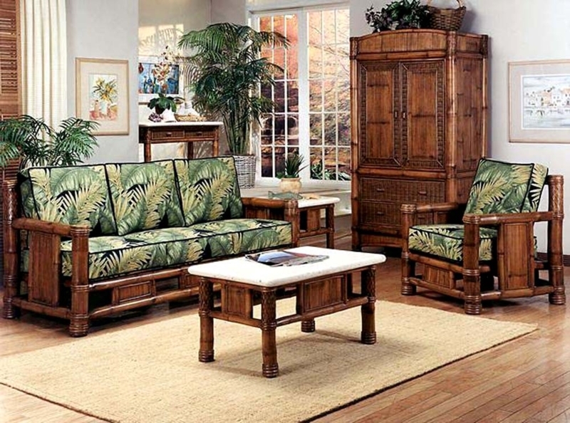 Tropical Bamboo Sofa Set with Leaf Print Cushions