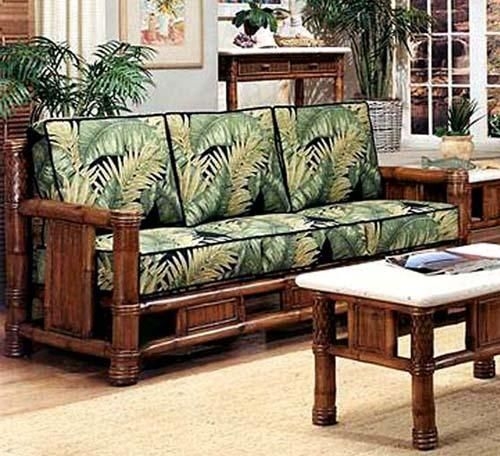 Tropical Bamboo Sofa with Leaf Pattern Cushions