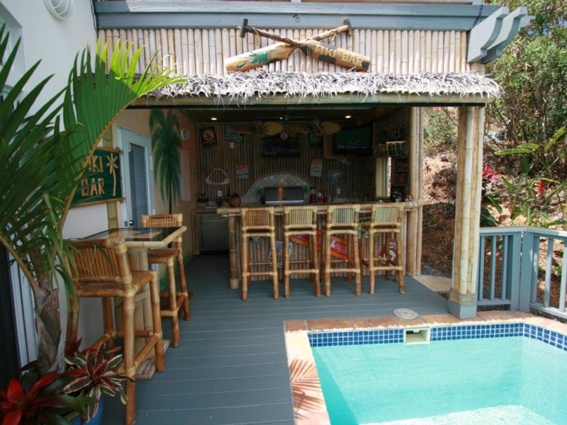 Tropical Bamboo Tiki Bar with Poolside Seating