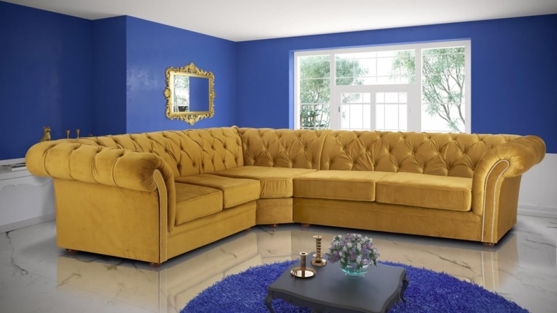 Velvet Mustard Gold Chesterfield Corner Sofa Living Room