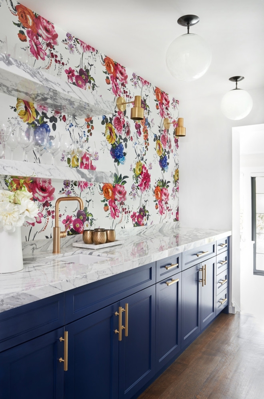 Vibrant Floral Kitchen Wallpaper with Blue Cabinets