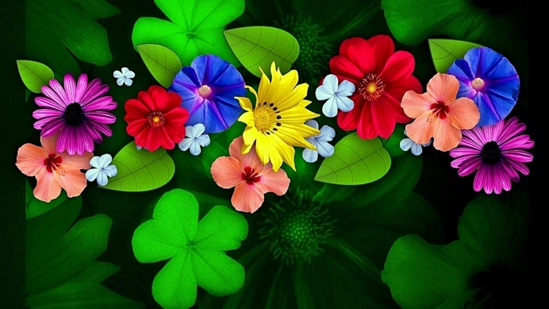Vibrant Floral Wall Art with Green Leaf Background
