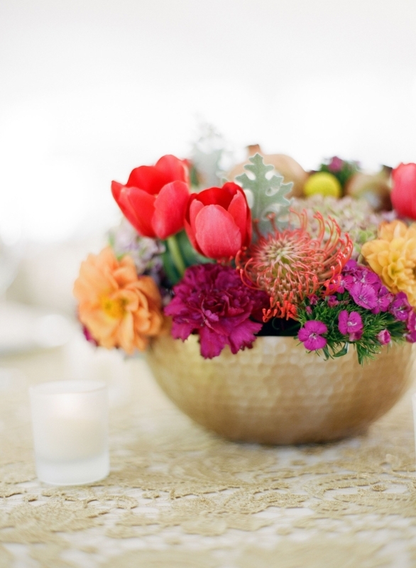 Vibrant Flower Arrangement in Gold Bowl Centerpiece