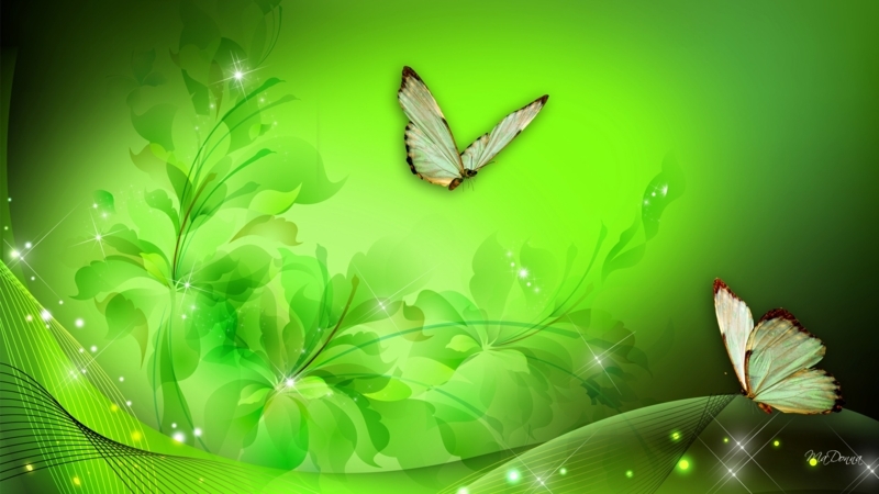 Vibrant Green Floral Wallpaper with Butterflies