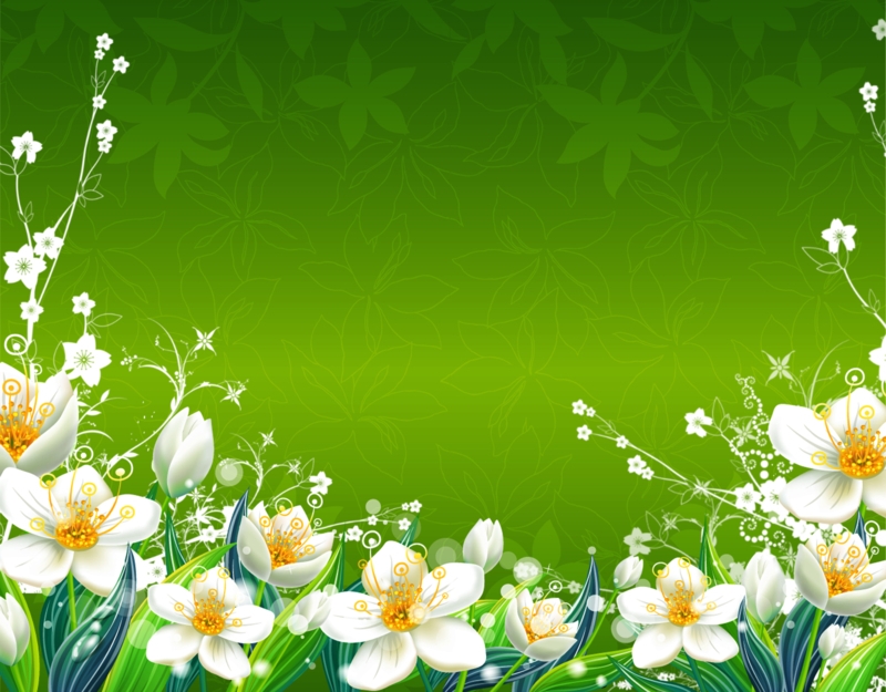 Vibrant Green Floral Wallpaper with White Blossoms
