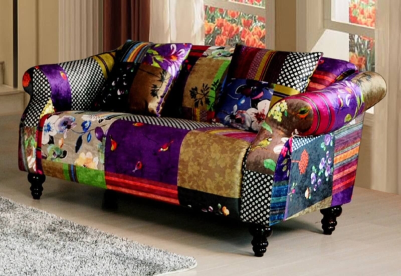 Vibrant Patchwork Fabric 2-Seater Sofa Design