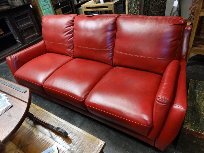 Vibrant Red Leather Sofa in Contemporary Living Room