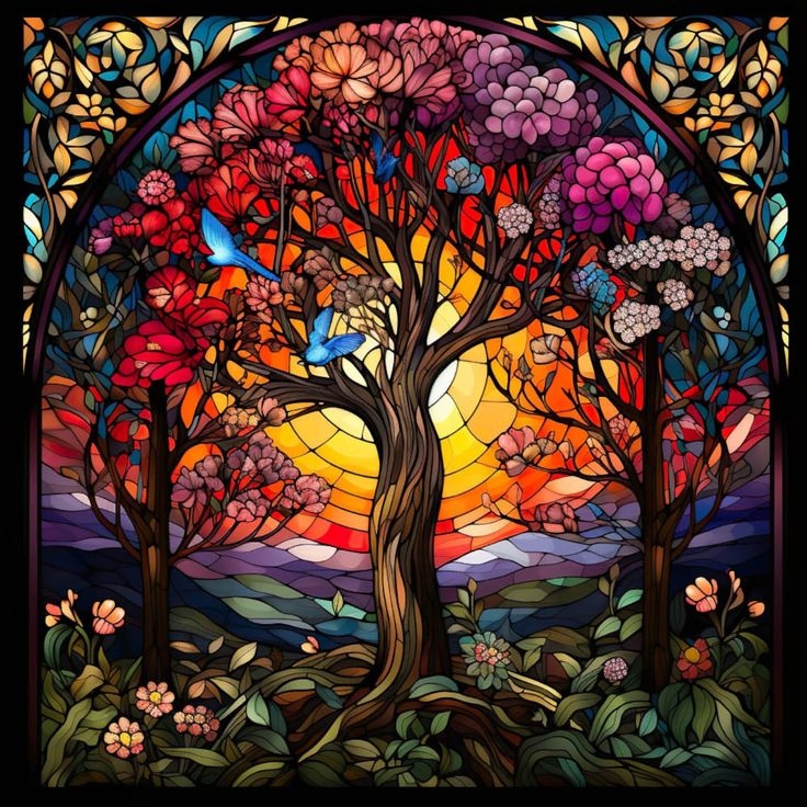 Vibrant Tree of Life Stained Glass Wall Art