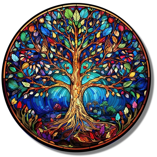 Vibrant Tree of Life Stained Glass Window Art