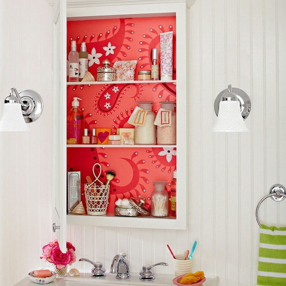 Vibrant Wallpapered Bathroom Cabinet Interior