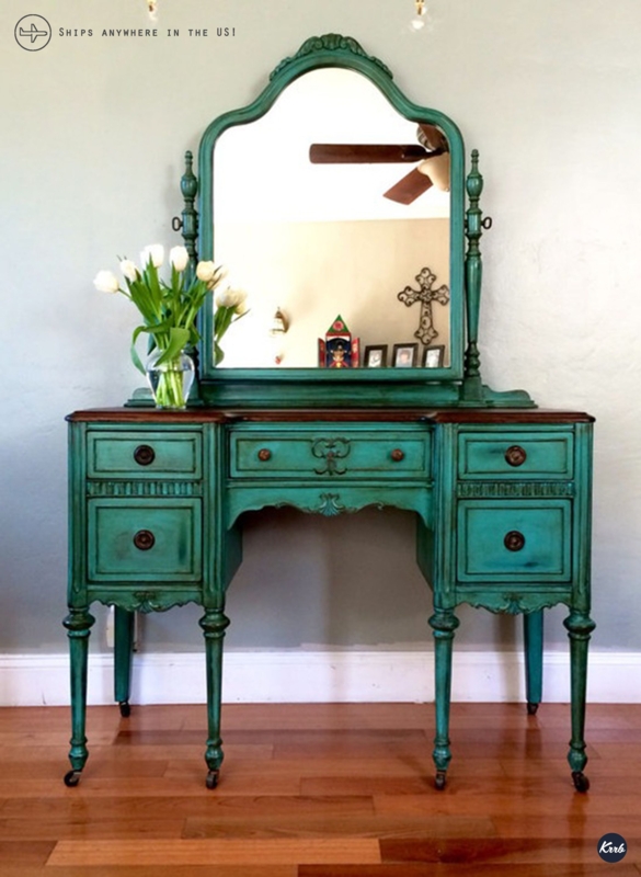 Vintage 1920s Teal Antique Vanity with Mirror