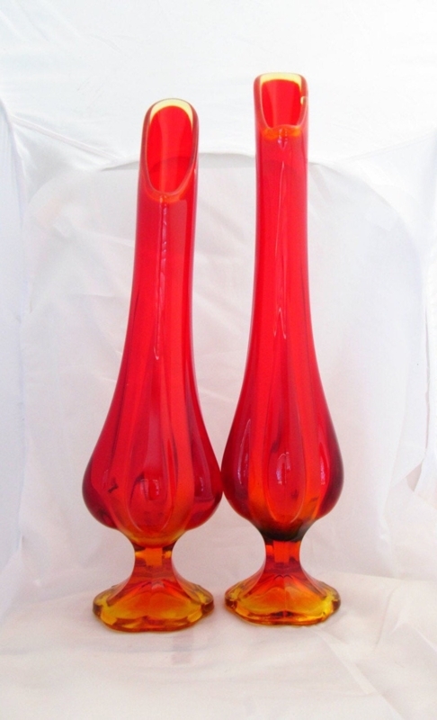 Vintage Amberina Tall Red Glass Pedestal Vases