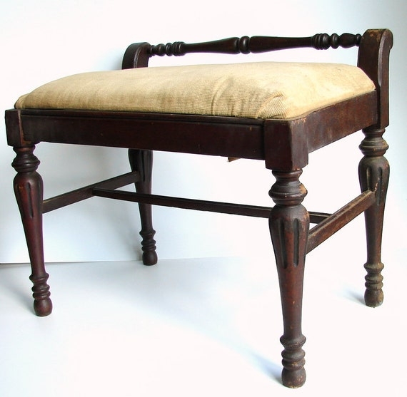 Vintage Antique Wood Upholstered Vanity Stool