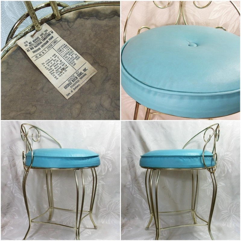 Vintage Aqua Cushion Vanity Seat with Brass Frame