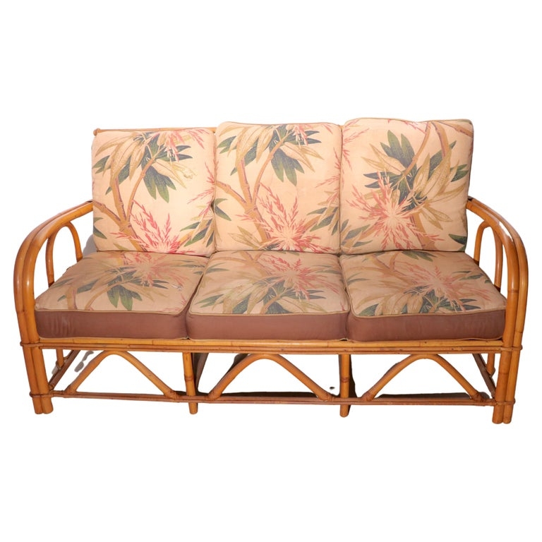 Vintage Bamboo Sofa with Tropical Floral Cushions