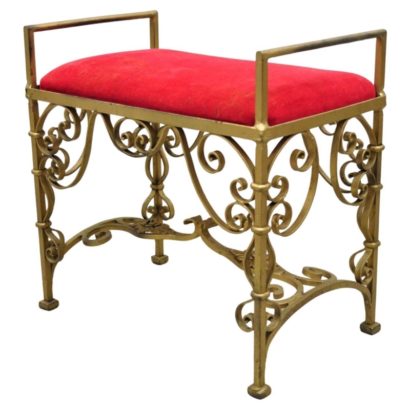 Vintage Brass Lyre Back Vanity Stool with Red Cushion