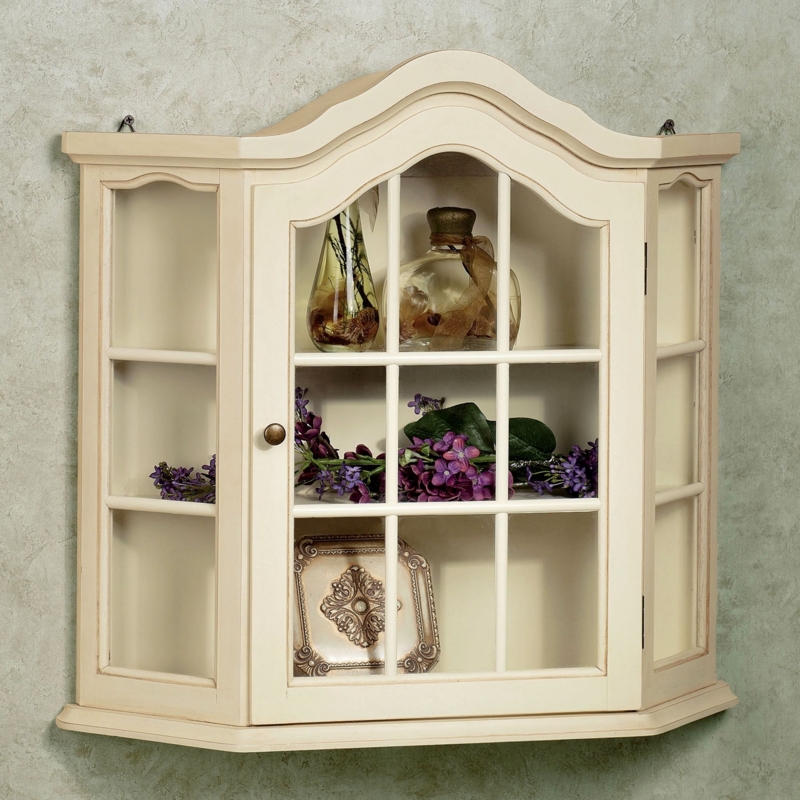 Vintage Cream Wall Curio Cabinet with Glass Doors