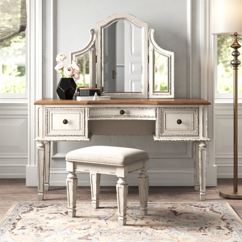 Vintage Distressed White Wooden Vanity with Mirror