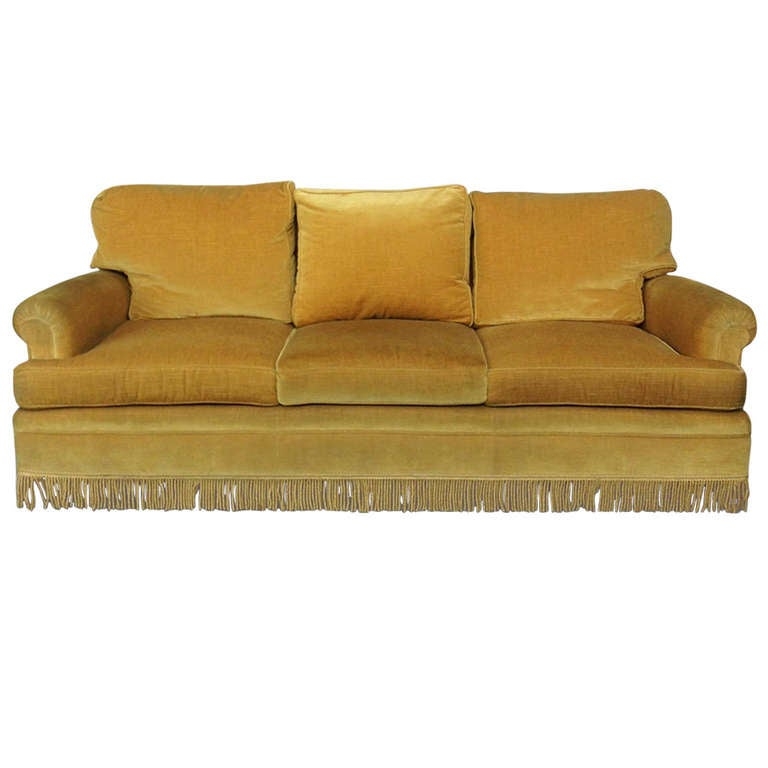 Vintage Gold Velvet Sofa with Fringe Detailing