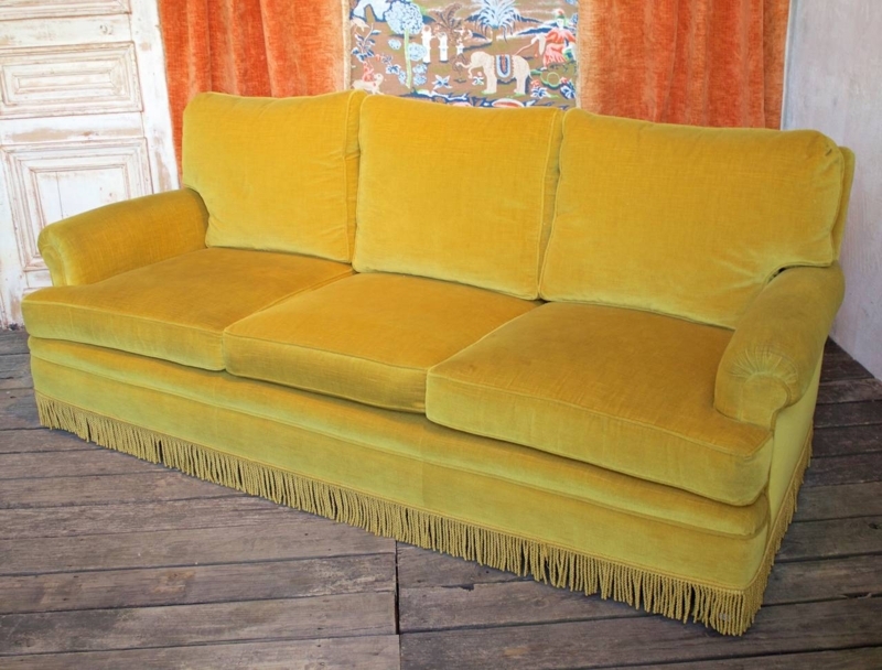 Vintage Gold Velvet Sofa with Fringe Trim