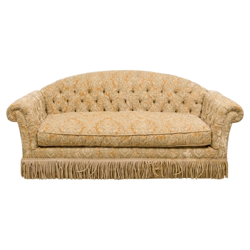 Vintage Gold Velvet Tufted Sofa with Fringe
