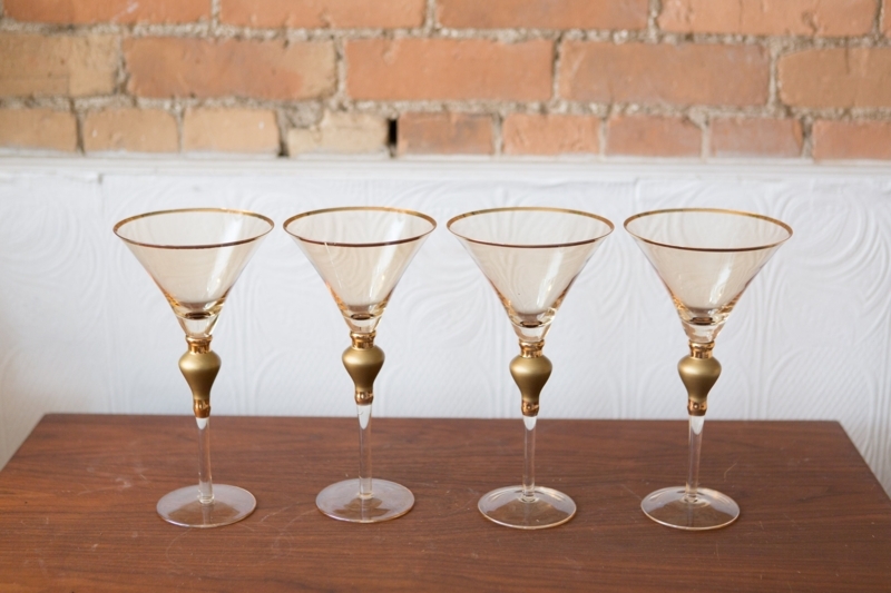 Vintage Martini Glasses with Gold Detail and Bubbled Stems