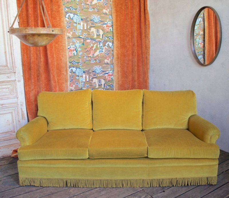 Vintage Mustard Velvet Fringe Sofa in Classic Style