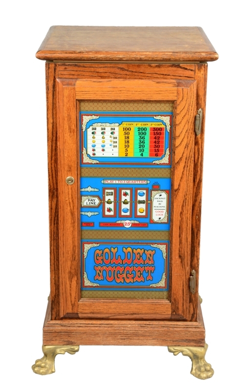 Vintage Oak Slot Machine Stand with Glass Front