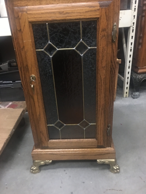 Vintage Oak Slot Machine Stand with Stained Glass