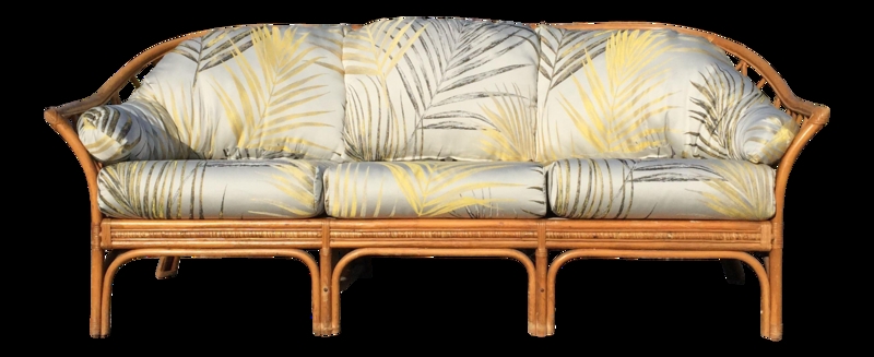 Vintage Rattan Sofa with Tropical Leaf Cushions