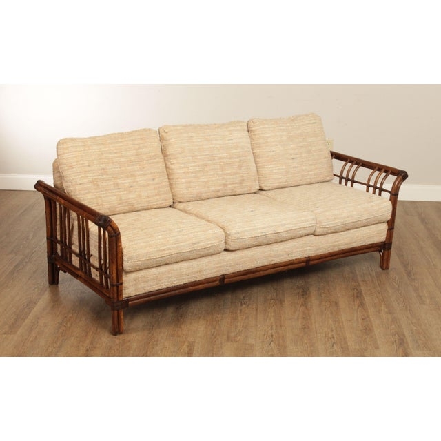 Vintage Rattan Upholstered Sofa with Neutral Cushions