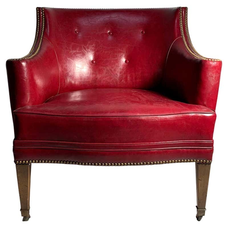 Vintage Red Leather Accent Chair with Nailhead Trim