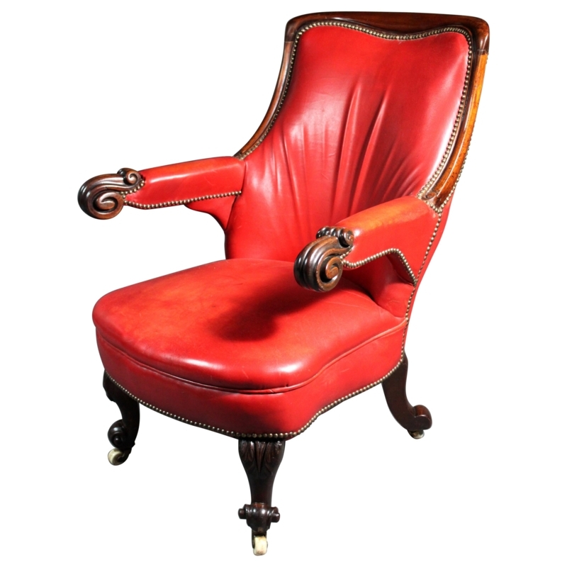 Vintage Red Leather Club Chair with Wooden Accents