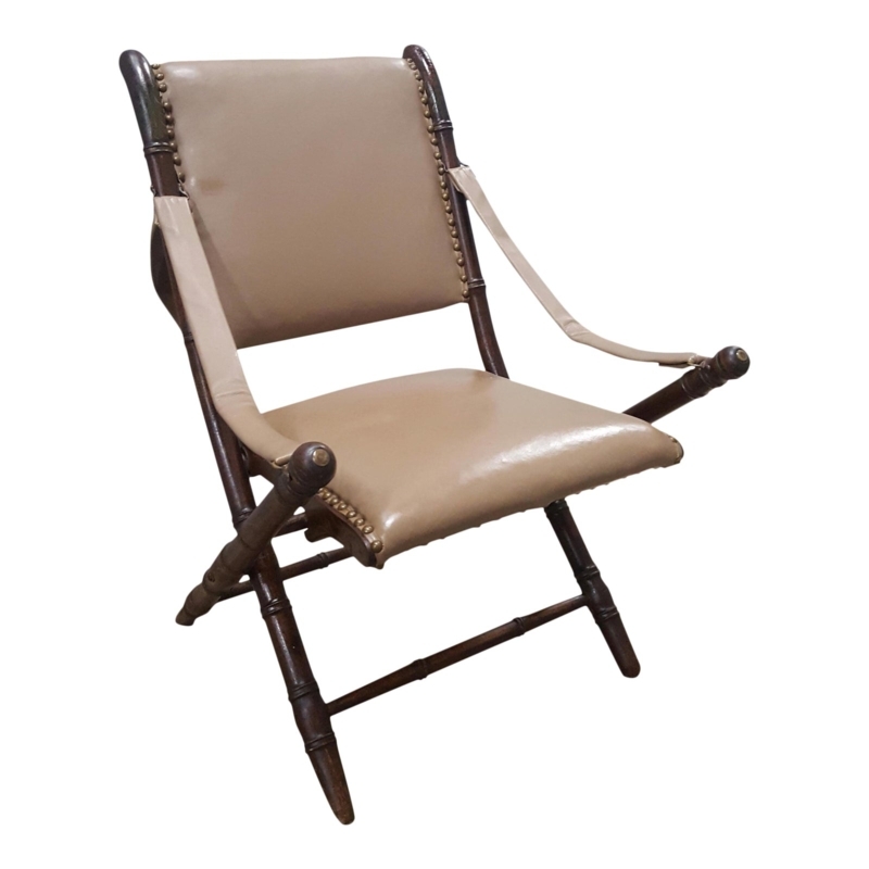 Vintage Tan Leather Folding Campaign Chair
