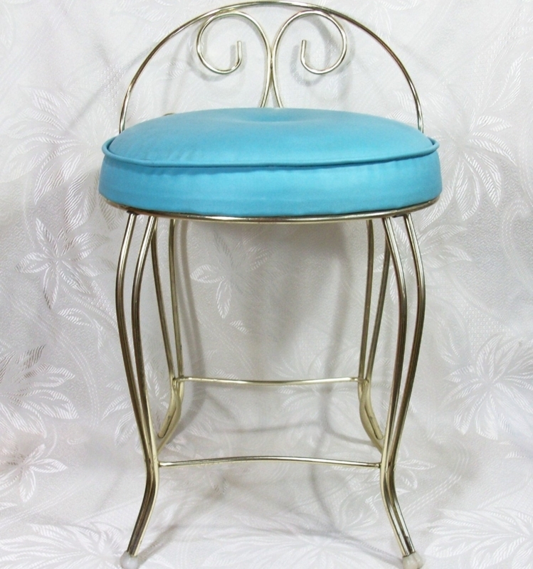 Vintage Vanity Seat Chair with Aqua Cushion