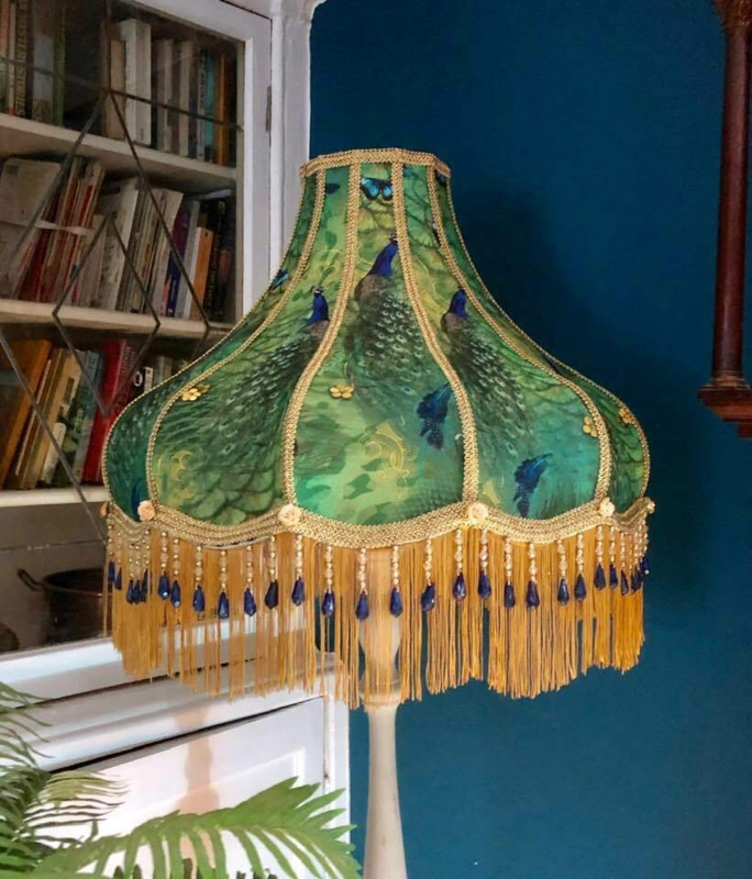 Vintage Victorian Peacock Feather Lampshade with Fringe