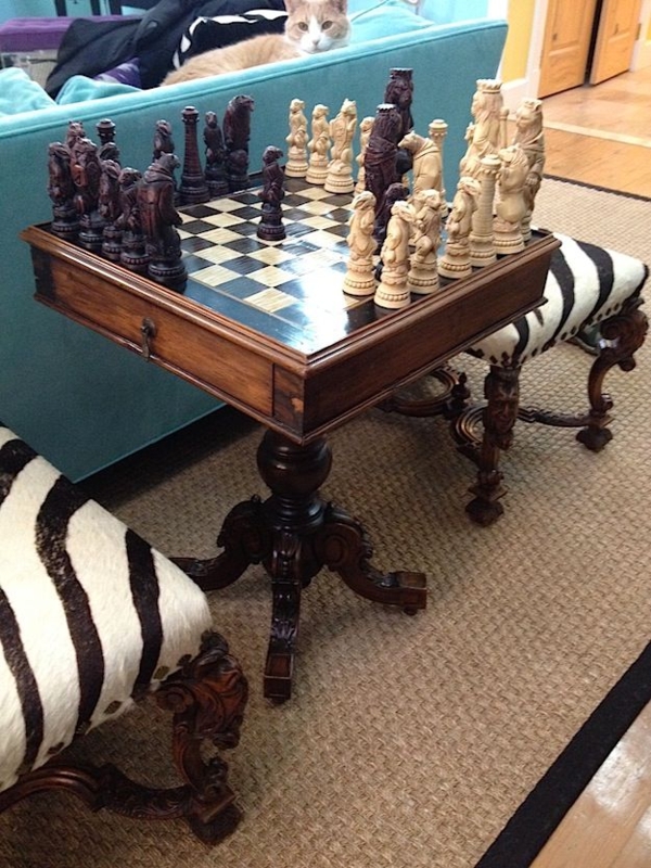 Vintage Wooden Chess Game Table with Carved Chairs