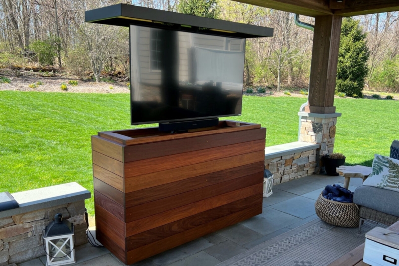 Weatherproof Outdoor TV Lift Cabinet with Wood Finish