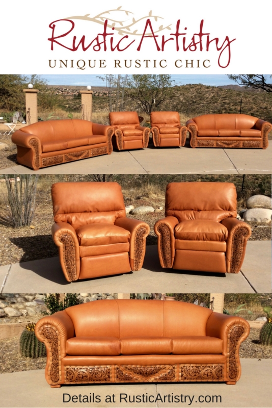 Western Style Leather Sectional Sofas with Carved Details