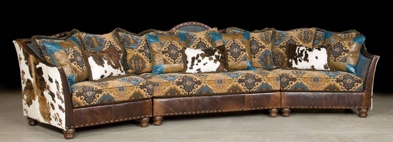 Western Style Sectional Sofa with Cowhide and Patterned Upholstery