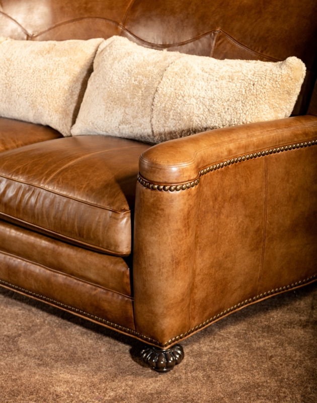 Western Tooled Leather Sofa with Plush Cushions