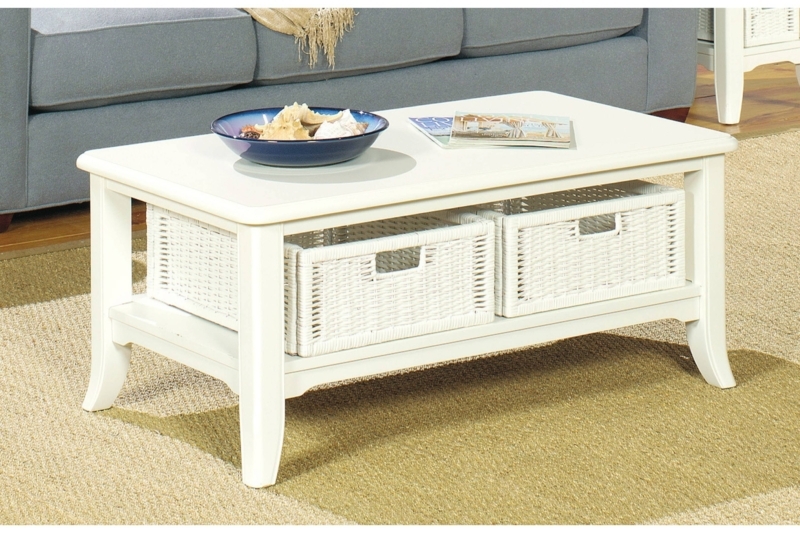 White Coffee Table with Wicker Basket Storage