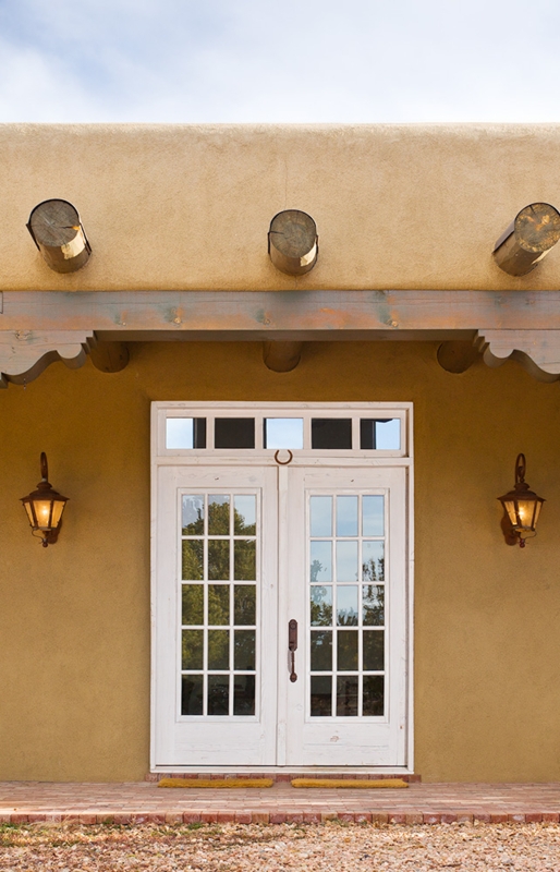 White French Door with Transom and Rustic Lighting