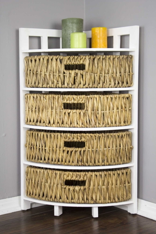White Wooden Corner Storage with Hyacinth Baskets