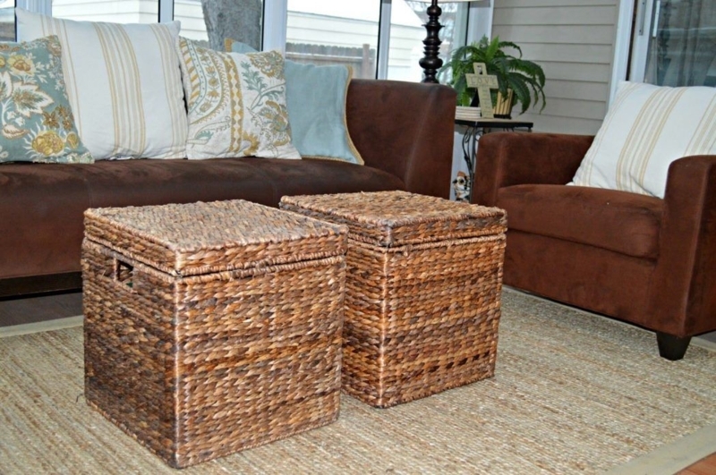 Wicker Basket Storage Coffee Tables for Living Room