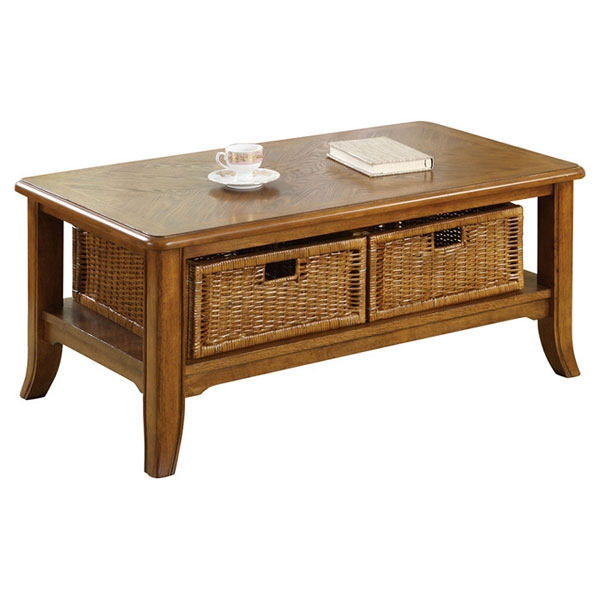 Wooden Coffee Table with Woven Storage Baskets