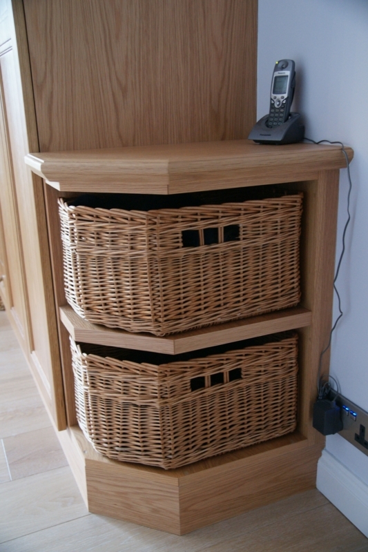 Wooden Corner Shelf with Wicker Storage Baskets