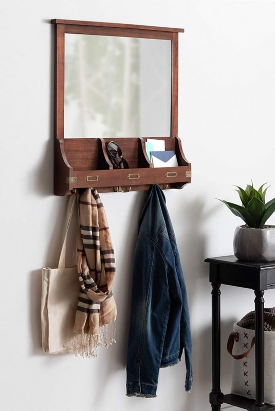 Wooden Hall Mirror with Key Hooks and Storage