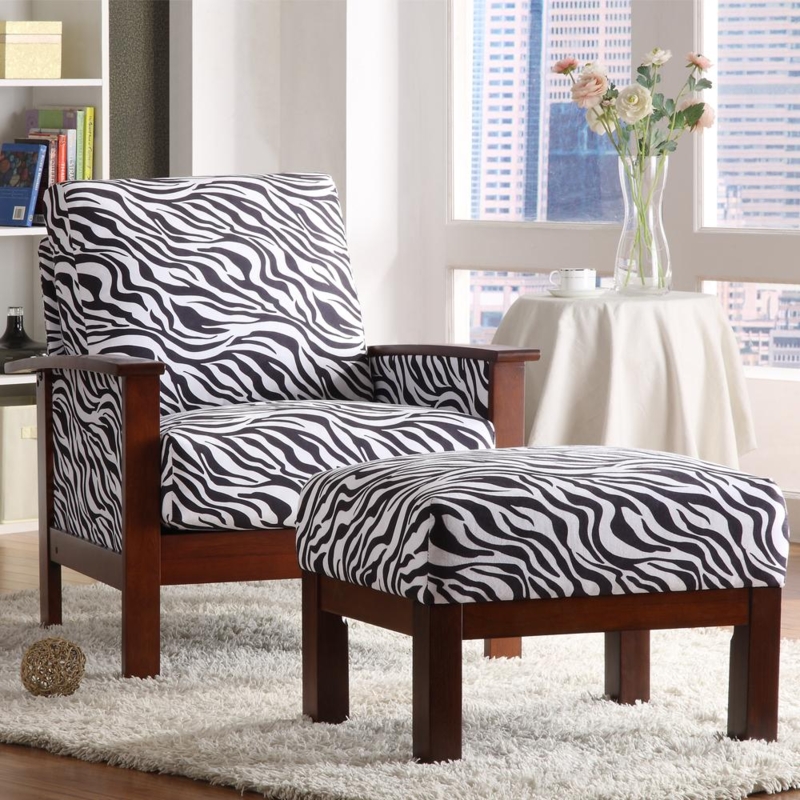 Zebra Print Chair and Ottoman with Wooden Frame